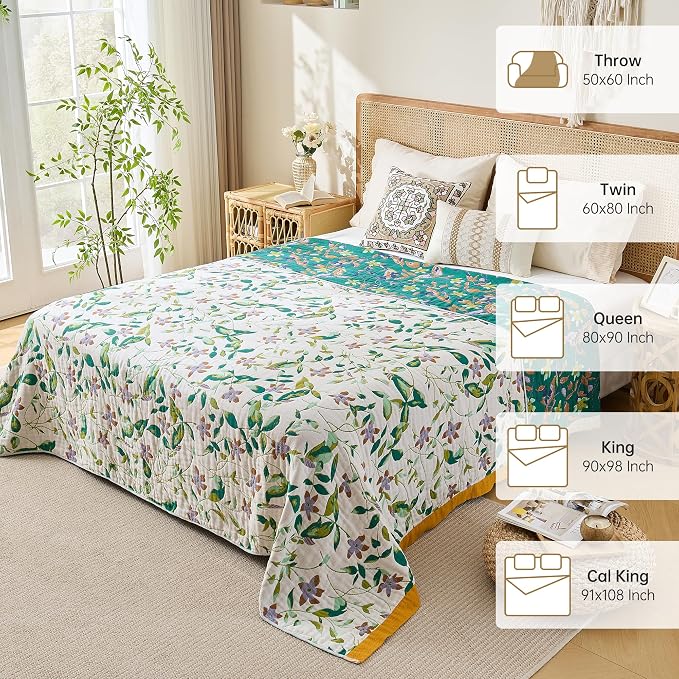 VANJOROY Boho Throw Blanket, 100% Organic Cotton Breathable Ultra Soft 91" x 108" King Bed Quilt Throw - All Season Floral Rustic Farmhouse Decor Luxury Blanket for Sofa Couch Chair