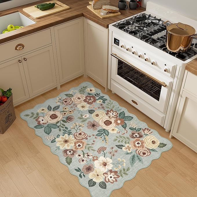 DUKINO 2x3 Rug for Entryway, Floral Door Mat Washable Rug, Sage Green | Non Slip, Low Pile, Soft Small Rugs for Kitchen, Entrance, Bedroom, Bathroom, Laundry, Pet Friendly, Non-Shedding, Home Decor