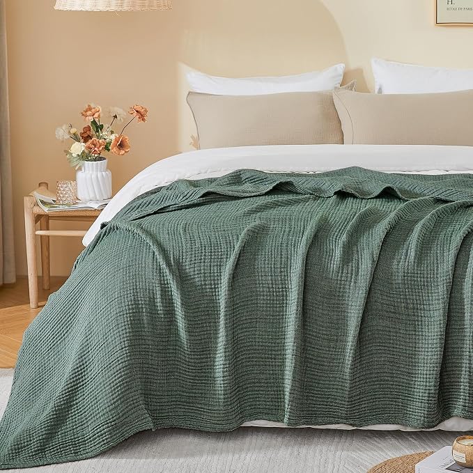 EMME Cotton Muslin Large Throw Blanket Couch Breathable Gauze Soft Lightweight Bed Blankets Adults (Heather Forest Green, 50"x70")