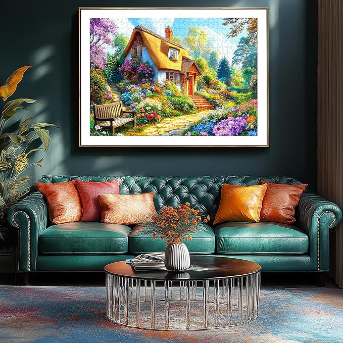Cottage Garden 1000 Piece Jigsaw Puzzles for Adults, Colorful Floral Landscape with Thatched Roof House, Puzzles with Letters on Back for Easy Sorting, Hard Unique Puzzle Games for Adults Game Night