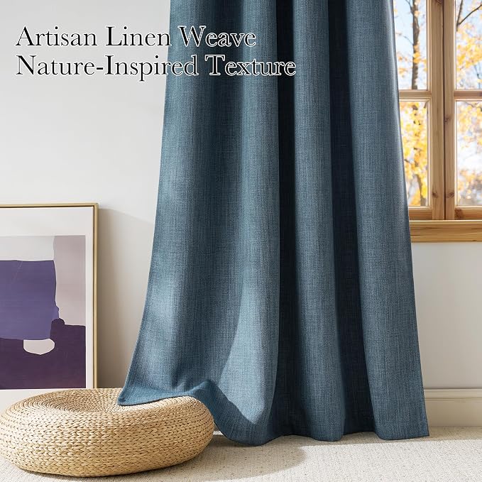 NICETOWN Mist Blue Faux Linen Room Darkening Rod Pocket Curtains 63 inch Length, W42 x L63, Light Blocking Thermal Insulated Noise Reducing Drapes for Bedroom Living Room Farmhouse Decor, 2 Panels