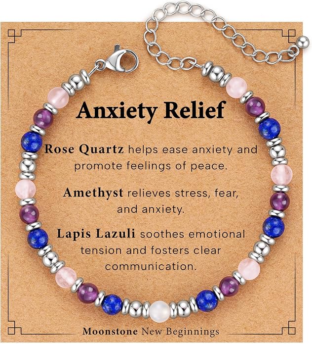 Zocomi Natural Healing Crystal Bracelet for Women, Anxiety Relief Triple Protection 7 Chakras Jewelry Gift for Friends Daughter Mom 6.5+2 Inches