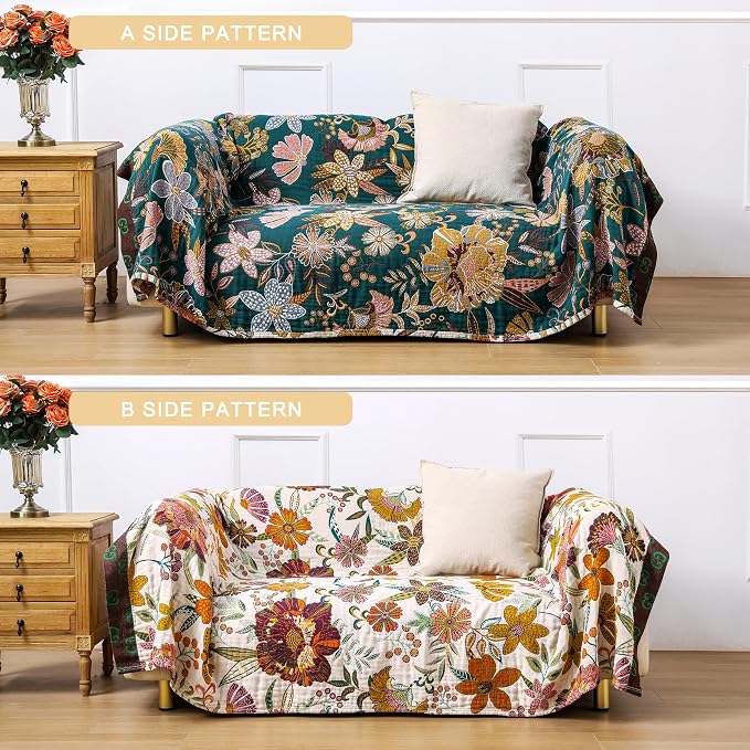 VANJOROY Queen Boho Throw Blanket for Bed, 100% Cotton Muslin Soft Throw-Floral Farmhouse Rustic Decor Blanket for Couch Sofa Quilt and Gift, 80" x 90"-BeigeWhite