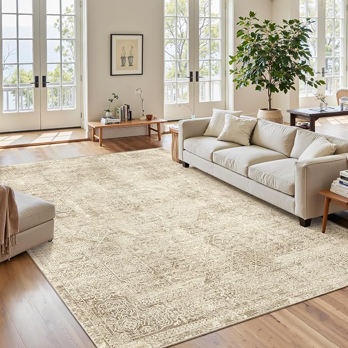 Soalmost 6x9 Area Rug for Living Room Washable Non-Slip Rugs Light Brown | Low-Pile Vintage Carpet for Dining Bedroom, Foldable Thin Stain Resistant Floor Mat Under Table Home Office Nursery Decor