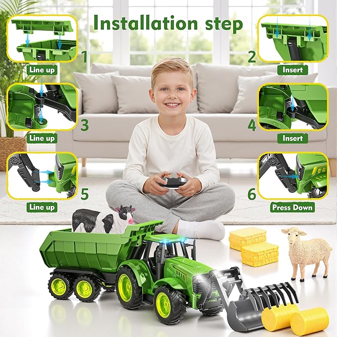 Funwee 2.4GHz RC Tractor Toy w/Light & Music, Kid Farm Car Toy w/Front Loader & Farm Animal, RC Tractor Trailer Truck Vehicle Toy for Boy Girl Age 3 4 5 6 7+ Year Old Christmas Birthday Gift (Green)