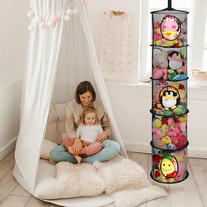 3Pcs Stuffed Animal Storage Foldable Stuffed Animal Net or Hammock Organizer, 5 Compartments Hanging Mesh Toy Storage Hammock for Kid Room Toys, Gloves, Hats, Socks（Black）