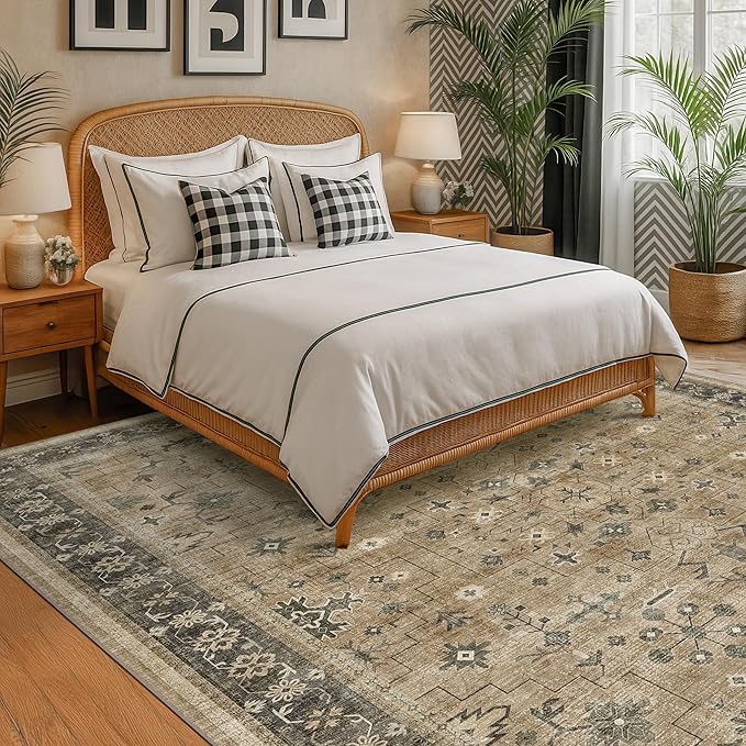 Hazo Haus Rustic Taupe Area Rug 8x12 for Living Room - Machine Washable Rugs for Bedroom, Vintage Boho Dining Room Rugs for Under Table, Low Pile Non-Slip Rubber Backing & Stain Resistance