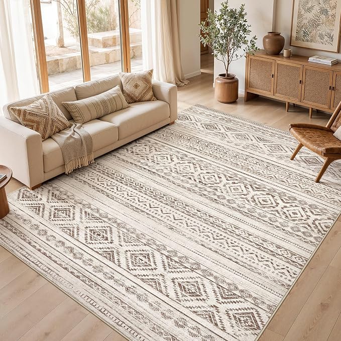cotiled 7x9 Area Rugs Living Room Rug: Washable Boho Rugs with Non Slip Backing Large Soft Indoor Stain Resistant Carpet for Bedroom Farmhouse Dining Room Lightweight Home Decor Dark Brown