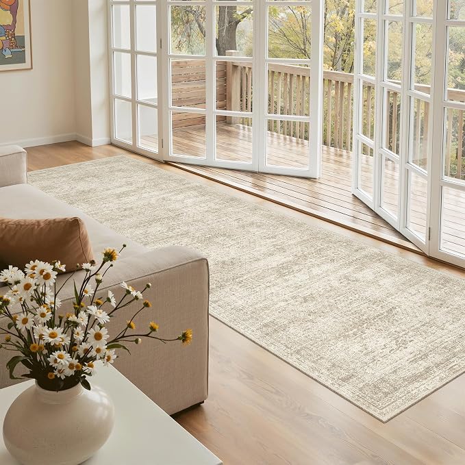 Soalmost Washable Kitchen Runner Rug 3x8 Hallway Entry Rugs Non-Slip, Beige | Vintage Runners 8ft for Bathroom Laundry Room, Foldable Low-Pile Floor Carpet Mat for Entryway Corridor Bedroom