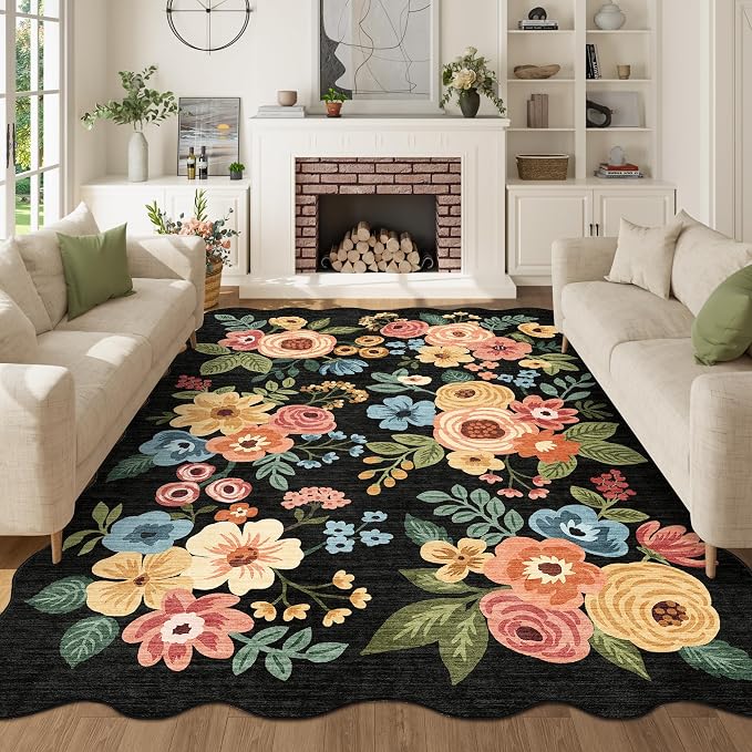 DUKINO 5x7 Area Rugs for Bedroom, Floral Washable Rug Non Slip, Black | Low Pile, Soft, Stain Resistant Throw Rugs for Living Room, Dining Room, Office, Nursery, Pet Friendly, Modern Home Decor