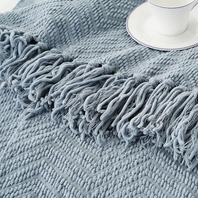BATTILO HOME Blue Grey Chenille Throw Blanket for Couch, 60"x80" | Knit Throw Blanket, Super Soft Warm Home Decor Blue Throw Blanket with Tassels for Bed,Sofa and Living Room