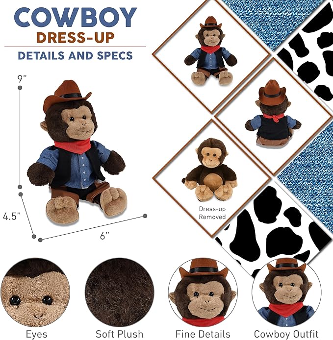 DolliBu Monkey Stuffed Animal Cowboy Plush with Name Personalization - Western-Themed Monkey Plush with Cute Cowboy Costume Denim Shirt Vest, Bandana, Leather Pants, and Hat - 9 Inches