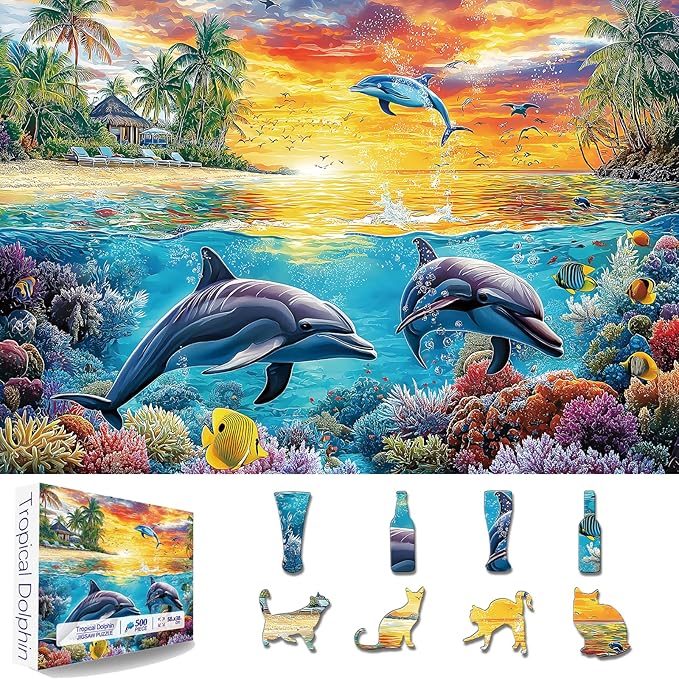 Hawaii Dolphins Ocean 500 Piece Puzzles for Adults, Difficult Jigsaw Puzzle Challenging, Art Puzzle for Gift Party Games Family Fun, 23" X 15" Dust Free