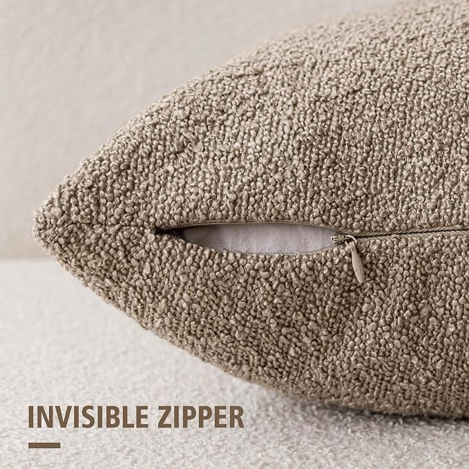 Foindtower Pack of 2 Textured Boucle Throw Pillow Covers Neutral Accent Solid Decorative Pillow Cases Cozy Woven Couch Cushion Case for Sofa Bedroom Living Room Home Decor 20x20 Inch Light Khaki Tan