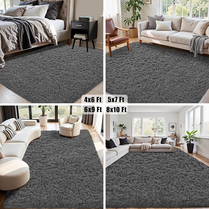 5x7 Area Rug for Living Room:Ultra Soft Fluffy Shag Dark Grey Rugs,Large Fuzzy Plush Indoor Non Slip Carpet Washable Rug for Bedroom Kids Nursery Office Dorm Modern Decor(Dark Grey 5'x7')