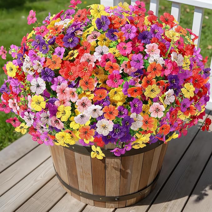 Alupssuc 24 Bundles Artificial Daisy Flowers UV Resistant for Outdoor Decor | Silk & Plastic, Spring Faux Plants Greenery, Bendable Stems, for Porch Patio Hanging Window Planter Yard Outside, 8 Colors