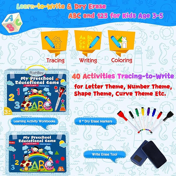 RichBoy Dry Erase Workbooks, Activity Books with Tracing, Coloring, Drawing and More, All-in-one Reusable Handwriting Practice, Preschool Learning Activities, Educational Toys for Kids Ages 3-5
