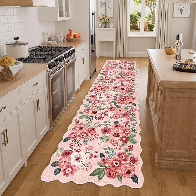 DUKINO 2x8 Washable Runner Rug, Floral Non Slip Kitchen Runner Rug, Pink | Low Pile, Soft Throw Rug Runner for Hallway, Entryway, Bedroom, Bathroom, Pet Friendly, Stain Resistant, Home Decor