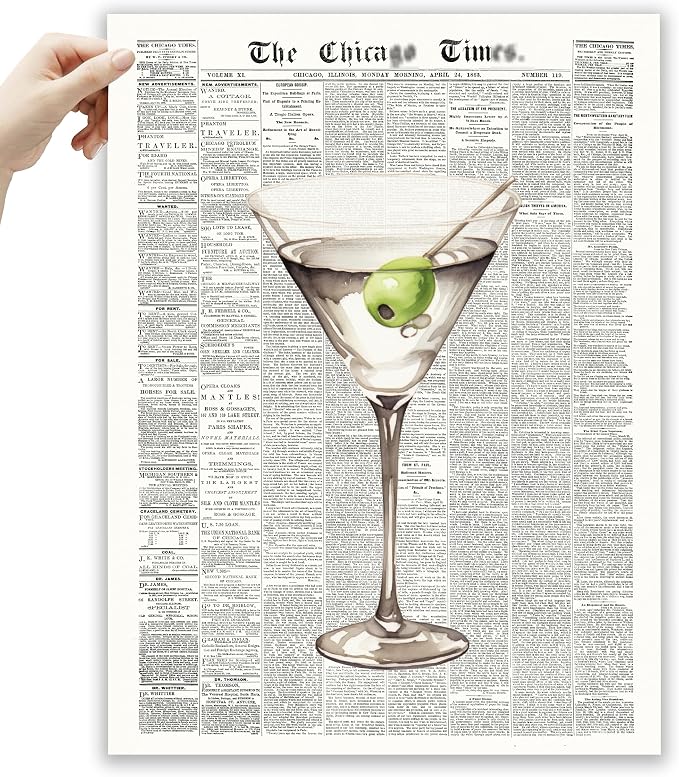 EcoHest 12x16 in Martini Newspaper Canvas Art | Unframed Canvas Print, Martini Cocktail Bar Cart Decor for Living Room, Apartment, Dorm Room, Bedroom, 1Pack