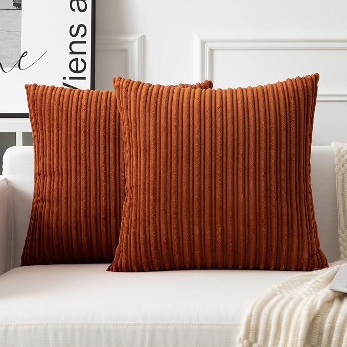 UGASA Fall Velvet 18x18 Inch Soft Throw Pillow Cover Decorative Corduroy Striped Both Sides Solid Square Cushion Case Boho Farmhouse for Couch Bedroom Sofa Home, 1 Piece, Burnt Orange