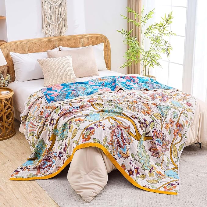 XIBLC Boho Throw Blanket for Bed, 100% Cotton Soft Rustic Quilt Fall Blanket, 90"x98" Floral Printed Farmhouse Decor Bed Blankets, All Season Rustic Reversible Bohemian Throw Quilt