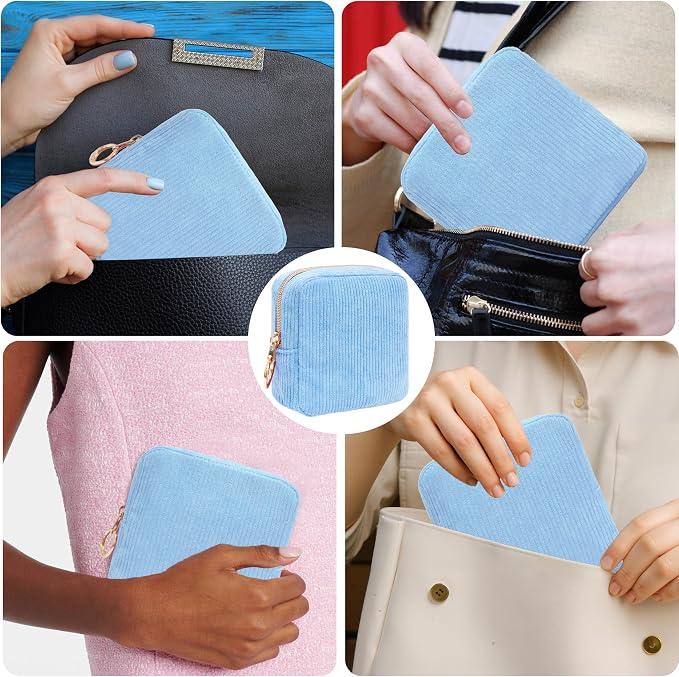 Period Bag for Girls, Corduroy Sanitary Napkin Storage Bag, Period Pouch & Tampon Holder, Feminine Care Organizer, Blue