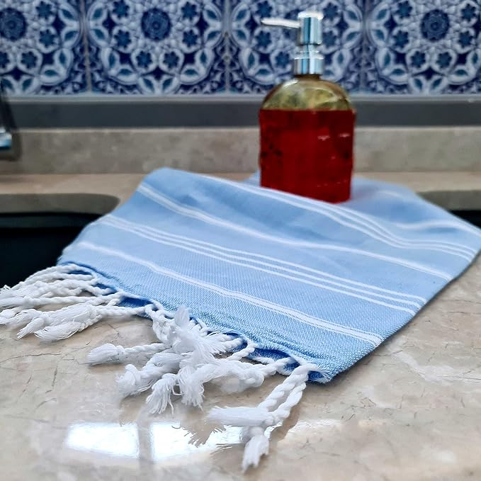 Cacala 100% Turkish Cotton Kitchen Tea Towels, Highly Absorbent Luxury Soft Quick Drying Dish Towel with Hanging Loop for Gym, Yoga, Bath, Sports, Cleaning and Kitchen (23 x 36), Blue