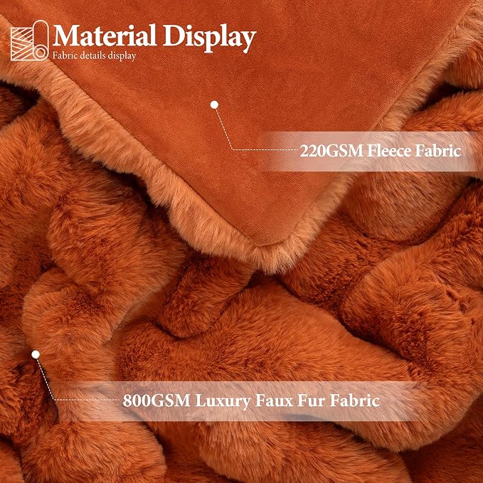 Luxury 1000GSM Rabbit Faux Fur Blanket, Super Warm Cozy Brown Blankets for Couch Bed Sofa, Ruched Plush Fuzzy Elegant Soft Reversible Mink Blanket Living Room Bedroom, 50" x 60",Orange