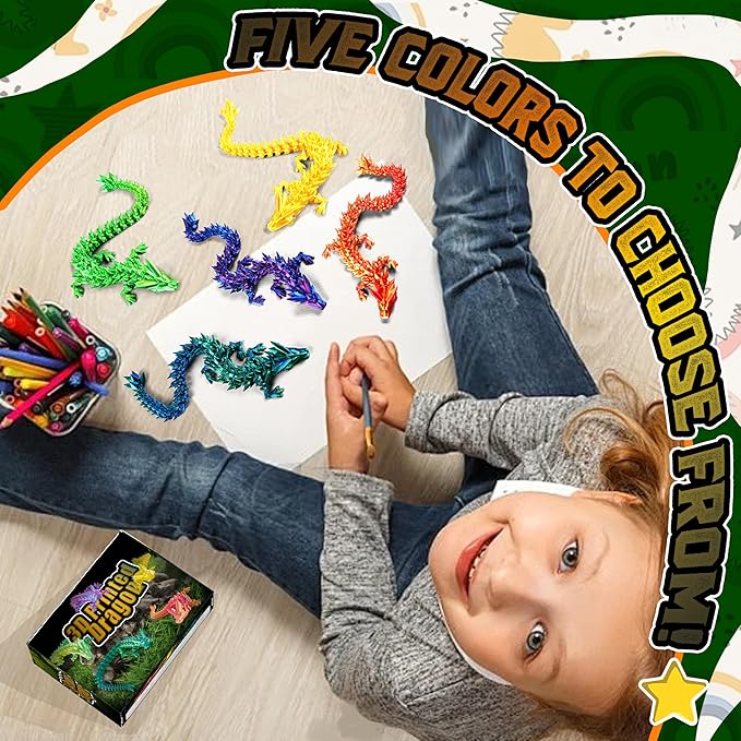 5PCS 12" 3D Printed Dragon Set Articulated Crystal Dragons Dragon Desk Toys, 3D Printed Animals Cool Unique Birthday Gifts for Teen Adult Novelty Christmas Stocking Stuffers Gadget for Men Boy