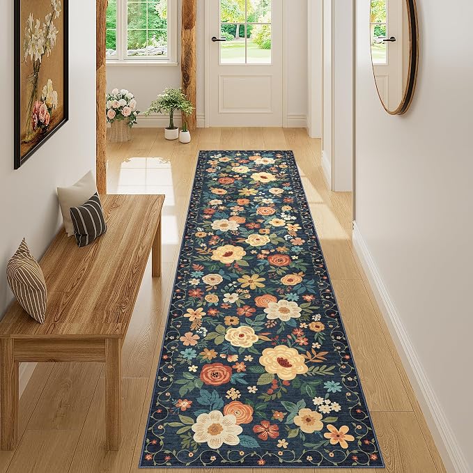 DUKINO 2x8 Runner Rug, Washable Runner Rug for Kitchen Non Slip, Navy Blue | Low Pile, Floral, Soft Indoor Rug for Hallway, Entryway, Bedroom, Bathroom, Pet Friendly, Stain Resistant, Modern Home Decor