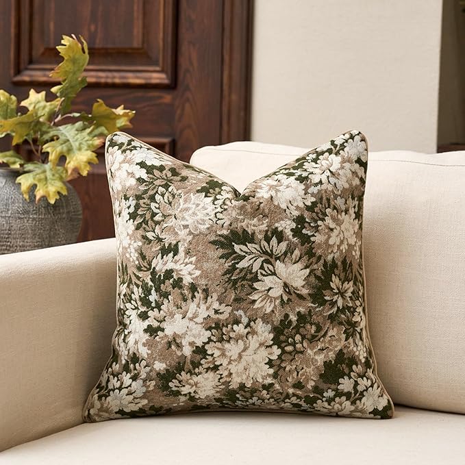 Neutral Floral Pillow Cover 24 x 24 Inches, Vintage Chenille Square Throw Pillow Cover Soft Decorative Farmhouse Accent Couch Pillow Cover for Living Room Bedroom, Green