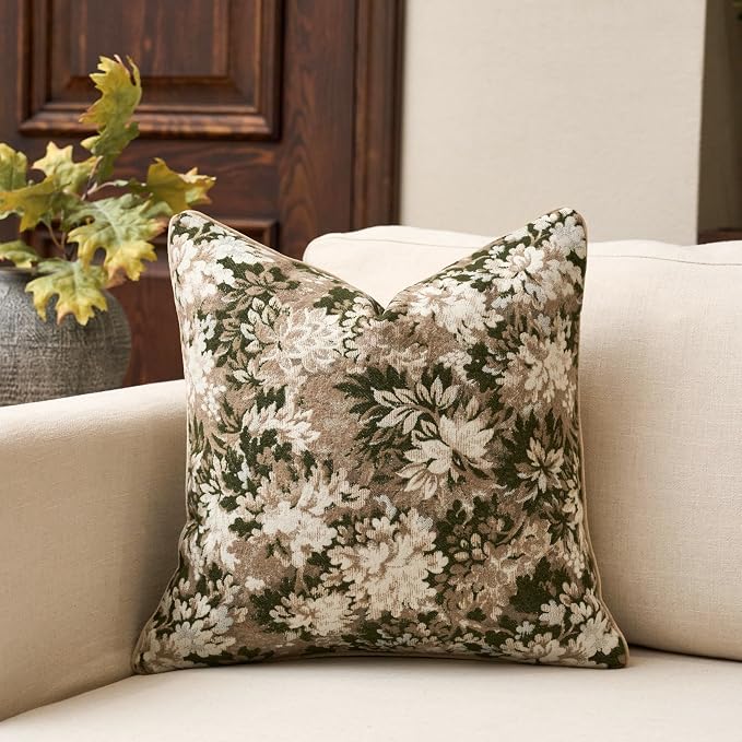 Neutral Floral Pillow Cover 20 x 20 Inches, Vintage Chenille Square Throw Pillow Cover Soft Decorative Farmhouse Accent Couch Pillow Cover for Living Room Bedroom, Green