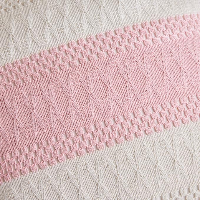 2pk Boho Pillow Covers 20x20, Natural White/Contrast/Light Pink | 100% Organic Cotton Body, Stripe Embroidery, Farmhouse Decorative Cushion Covers for Sofa Bed Living Room Home Decor