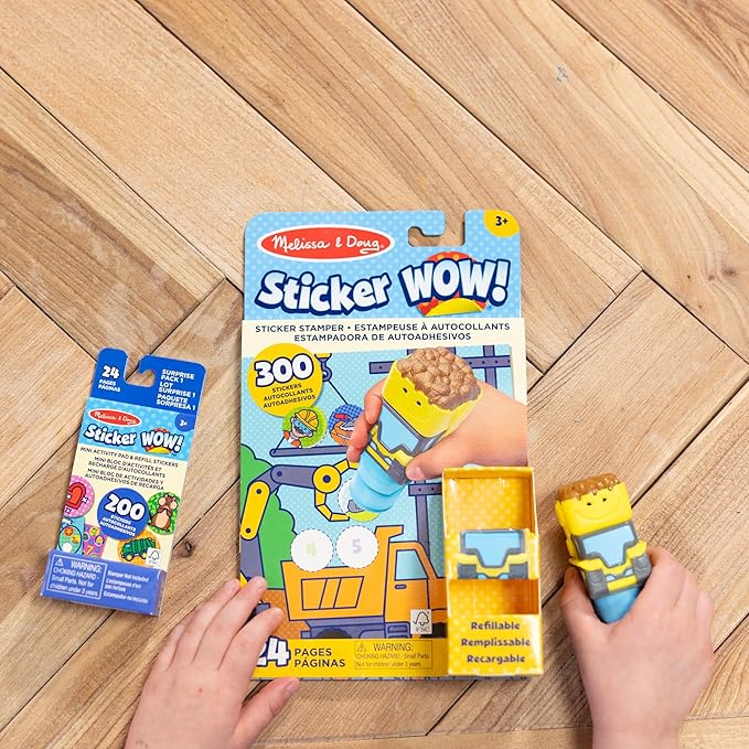 Melissa & Doug Sticker Wow!™ Bulldozer Bundle: 24-Page Activity Book, Refillable Sticker Stamper, Mini Pad, 500 Stickers, Arts and Crafts for Kids Ages 3+