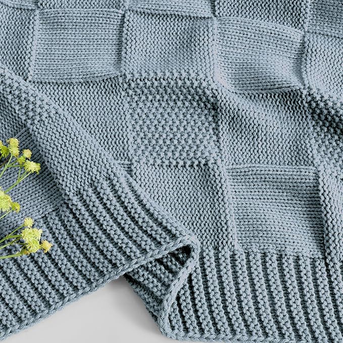 CozeCube Dusty Blue Knitted Checkered Throw Blanket 50"X60" | Check Knit Throw for Couch, Decorative Christmas Soft Cozy Warm Blanket for Bed Sofa Living Room