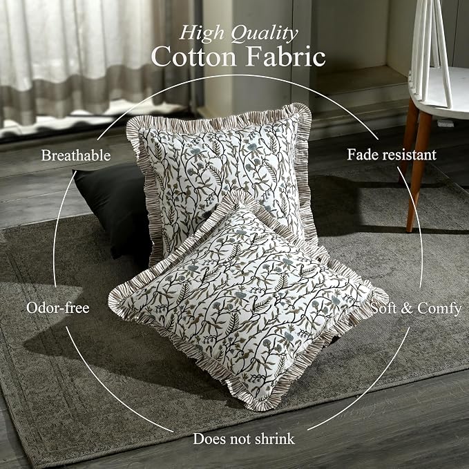 CPC Cocoa Vine Hand Block Print 100% Cotton Ruffle Throw Pillow Cover 20x20 inch with Hidden Zipper Decorative for Couch, Bed, Sofa, Farmhouse, Cottagecore Decor Gift Christmas Fall Thanksgiving