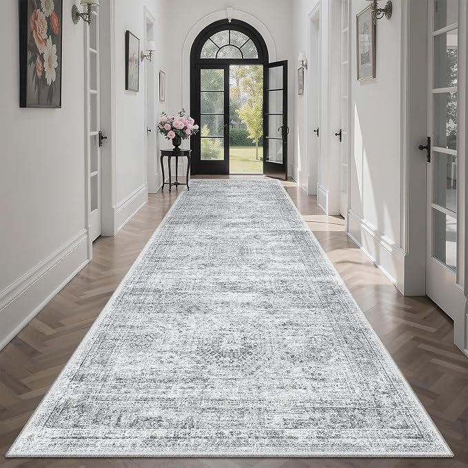 Soalmost Washable Hallway Runner Rug 3x10 Kitchen Entry Rugs Non-Slip, Grey | Vintage Long Runners 10ft for Bathroom Laundry Room, Foldable Low-Pile Wide Floor Carpet Mat for Entryway Corridor Bedroom