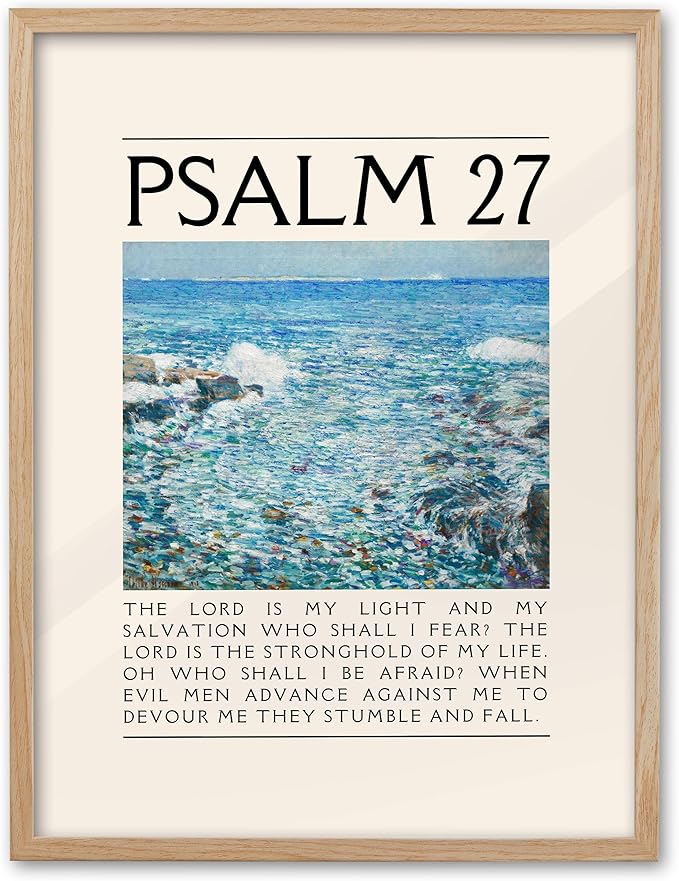 EcoHest 12x16 in Psalm 27 Ocean Framed Bible Verse Christian Wall Art | Natural Oak Wood Frame with Canvas Wall Art, Coastal Scripture Wall Decor for Bedroom, Living Room, Office, Church, 1Pack