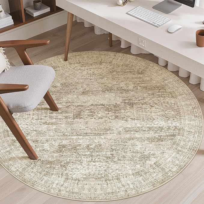 Soalmost 5x5 Brown Round Rug 6ft Circle Living Room Area Rugs Non-Slip | Washable Vintage Indoor Carpet for Dining Bedroom, Low Pile Stain Resistant Foldable Floor Mat Entryway Home Office Decor