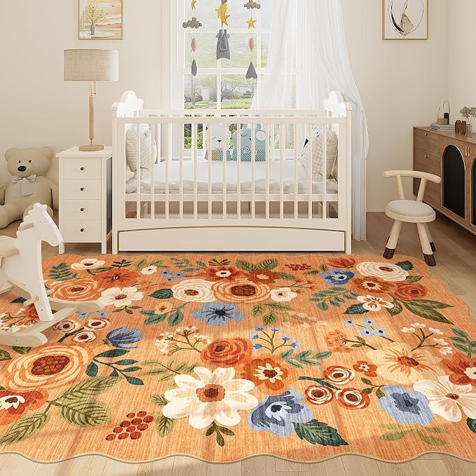 DUKINO 5x7 Area Rugs for Bedroom, Floral Washable Rug Non Slip, Orange | Low Pile, Soft, Stain Resistant Throw Rugs for Living Room, Dining Room, Office, Nursery, Pet Friendly, Modern Home Decor