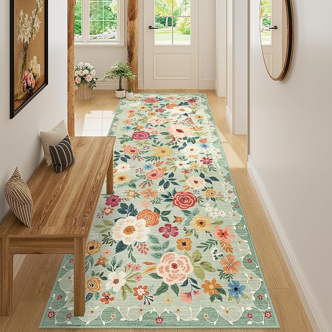 DUKINO 3x8 Kitchen Runner Rug, Washable Rug for Hallway Non Slip, Green | Soft, Low Pile, Floral Indoor Carpet Runner for Hallway, Entryway, Bedroom, Bathroom, Laundry, Pet Friendly, Home Decor