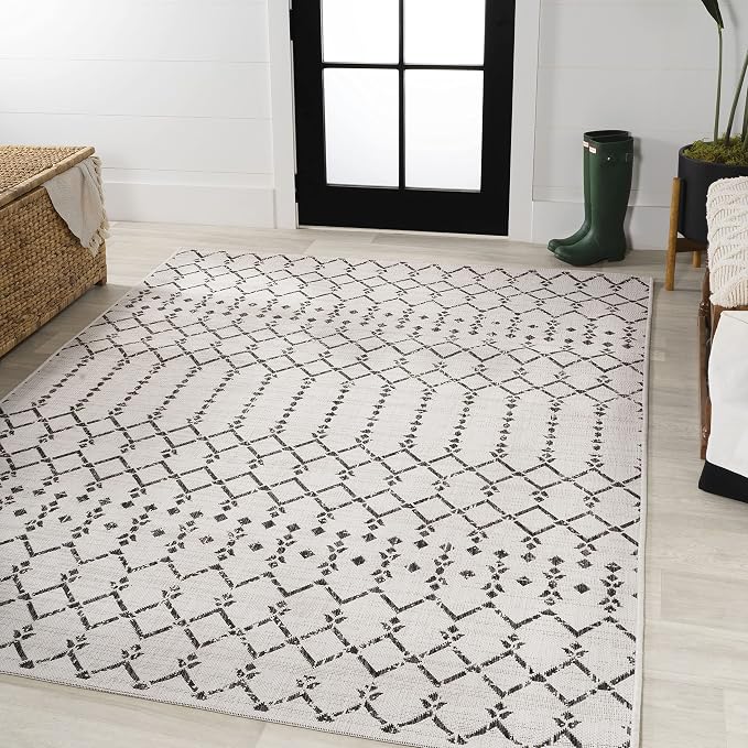 JONATHAN Y Moroccan Geometric Indoor Outdoor Area Rug 6X9 Cream/Black, Ourika Textured Weave for Backyard, Patio, Porch, Easy-Cleaning, High Traffic, Pet-Friendly, Non-Shedding (SMB108I-6)