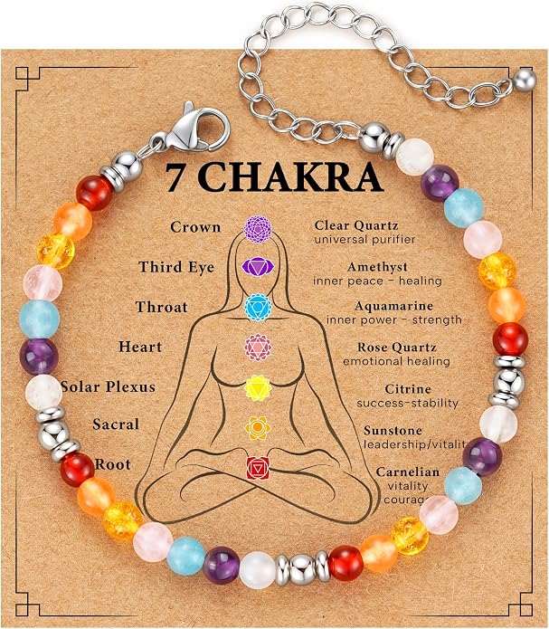 Zocomi Natural Healing Crystal Bracelet for Women, Anxiety Relief Triple Protection 7 Chakras Jewelry Gift for Friends Daughter Mom 6.5+2 Inches
