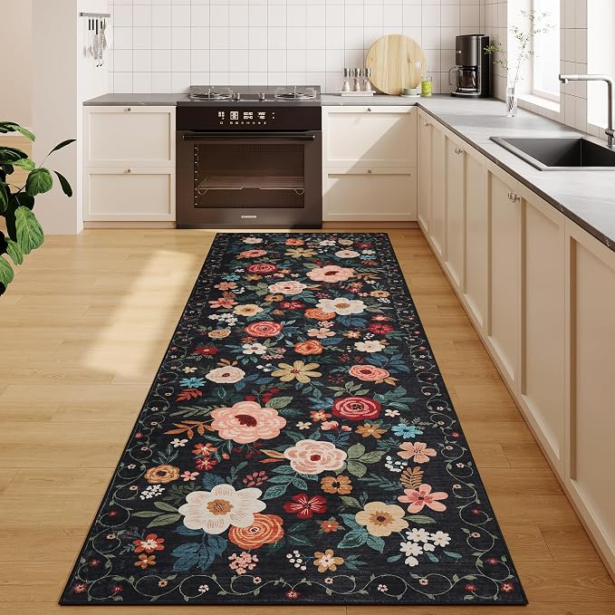 DUKINO 2x6 Runner Rug for Hallway, Washable Runner Rug Non Slip, Black | Low Pile, Soft, Floral Indoor Rug for Kitchen, Entryway, Bedroom, Laundry, Bathroom, Pet Friendly, Lightweight, Home Decor