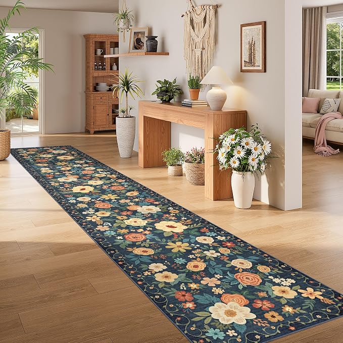 DUKINO 3x16 Runner Rug for Hallway, Non Slip Long Washable Rug, Navy Blue | Non Slip, Low Pile, Soft Floral Indoor Runner Rug for Kitchen, Entryway, Bedroom, Bathroom, Pet Friendly, Modern Home Decor