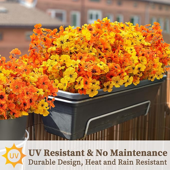 ColoPlay 16 Bundles Artificial Mums for Outdoors, Fake Flowers Fall Decor | Faux Mums for Outdoor Planters, Eucalyptus Leaves UV Resistant Fake Plants for Home Porch Box Wedding Farmhouse(Fall Orange)