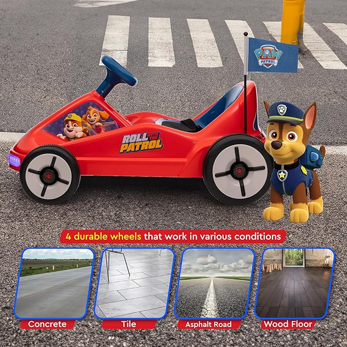 Paw Patrol Chase 6V Electric Go Kart for Kids, Electric Ride-On Toy with Lights, MP3 Jack, Remote Control, Seat Belt, Ages 3-6, Durable PVC and Iron Construction, Rechargeable Battery