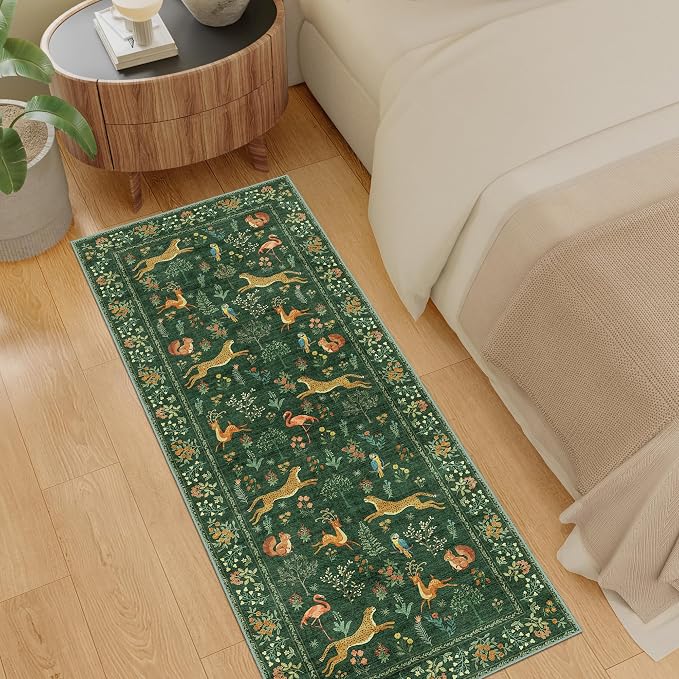 DUKINO 2x5 Rug for Hallway, Washable Animal Runner Rug Non Slip, Green | Low Pile, Stain Resistant, Soft Indoor Carpet Runner for Kitchen, Entryway, Bedroom, Bathroom, Pet Friendly, Lightweight