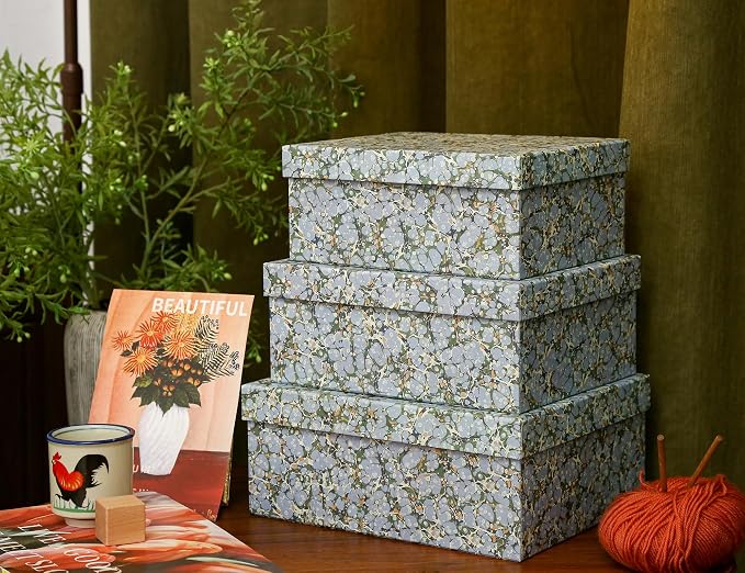 3-Piece Decorative Storage Boxes with Lids, Artistic Marble Pebble Pattern, Cardboard Paperboard Keepsake Box Set, Photo & Memory Storage for Home Decor and Modern Organization