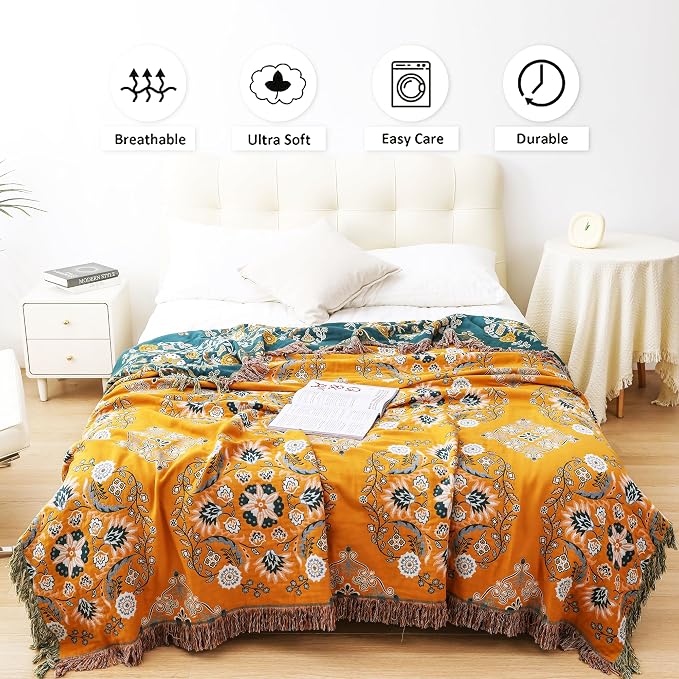 VANJOROY Boho Throw Blanket, 100% Cotton Soft King Yellow Throw for Bed-Floral Farmhouse Decor Blanket, Reversible Bohemian Throw for Sofa Chair Couch Quilt and Gift, 91" x 98"